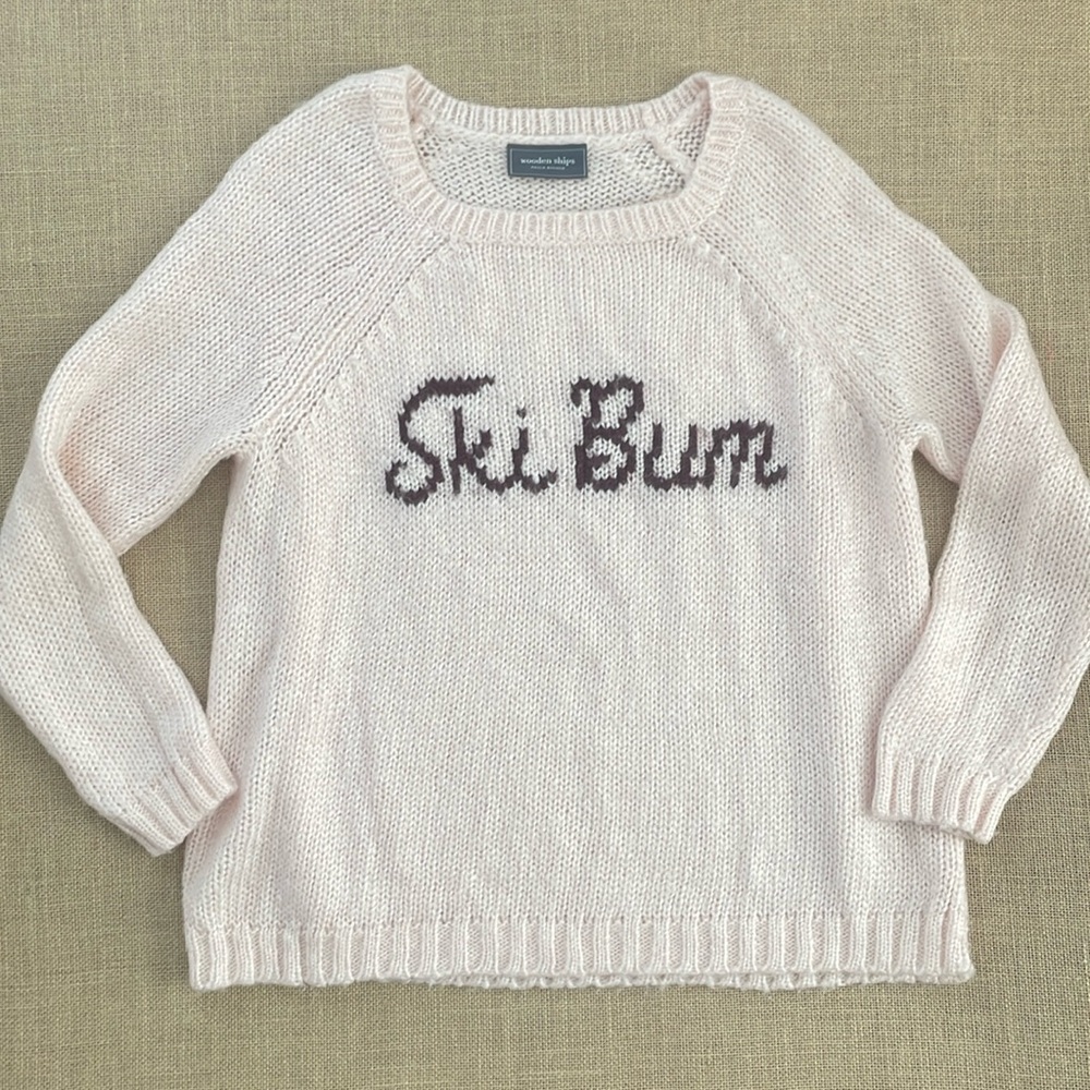 WOODEN SHIPS Mohair‎ Blend Ski Bum Script Sweater Pale Pink Sz XS